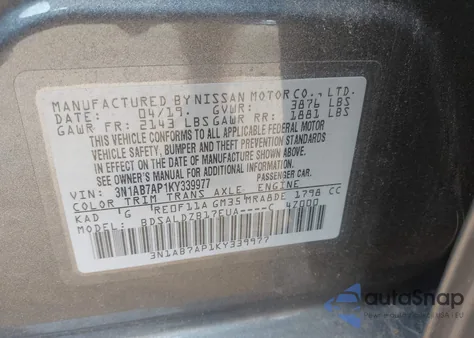 2019 Nissan Sentra Sv z USA, uszkodzony, nr VIN 3N1AB7AP1KY339977